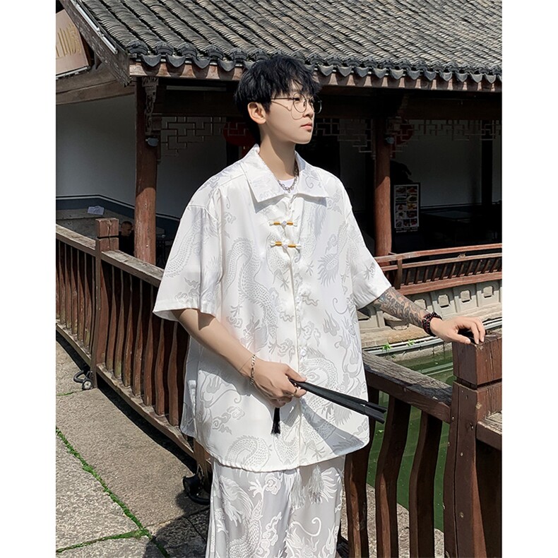 套装新中式衬衫短袖男港风提花帅2024夏季ins长裤两件套W5814-P72图片