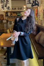 黑色新中式国风刺绣连衣裙女2025春季新款复古高级感小个子a字裙，女装连衣裙，2C029