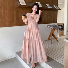 系带粉色连衣裙女夏2025新款法式温柔风爆款流行巨好看韩系长裙，女装连衣裙，2C037