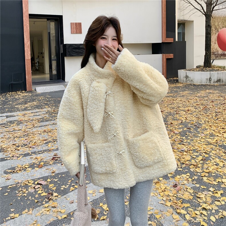 奶fufu黄色羊羔毛外套女2025年冬季新款超好看小个子加绒加厚棉服,女装皮草,2C056