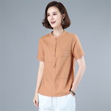 2021短袖立领衬衫T恤夏装新款韩版宽松套头棉麻小衫纯色上衣，女装衬衫，伊满意