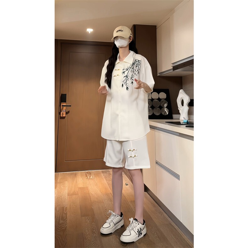 量大优供视频新风刺绣花冰丝短裤短袖套装衬衫男CP55-特p61,男装衬衫,电商B371