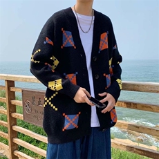 ins港风宽松情侣针织衫毛线衣方块印花毛衣男春秋季W1576-P52，男装针织衫/毛衣，星座512-4