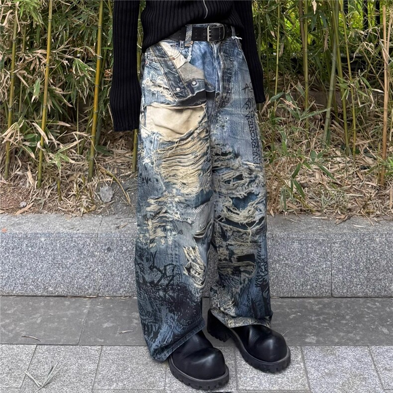 美式AC风格错觉糜烂破坏3D打印数码印花涂鸦阔腿baggy直筒牛仔裤,男装牛仔裤,星座813-2