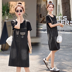 夏季新款时尚休闲背带裙子洋气收腰显瘦小个子假两件牛仔连衣裙女，女装牛仔裙，蓝诺裳