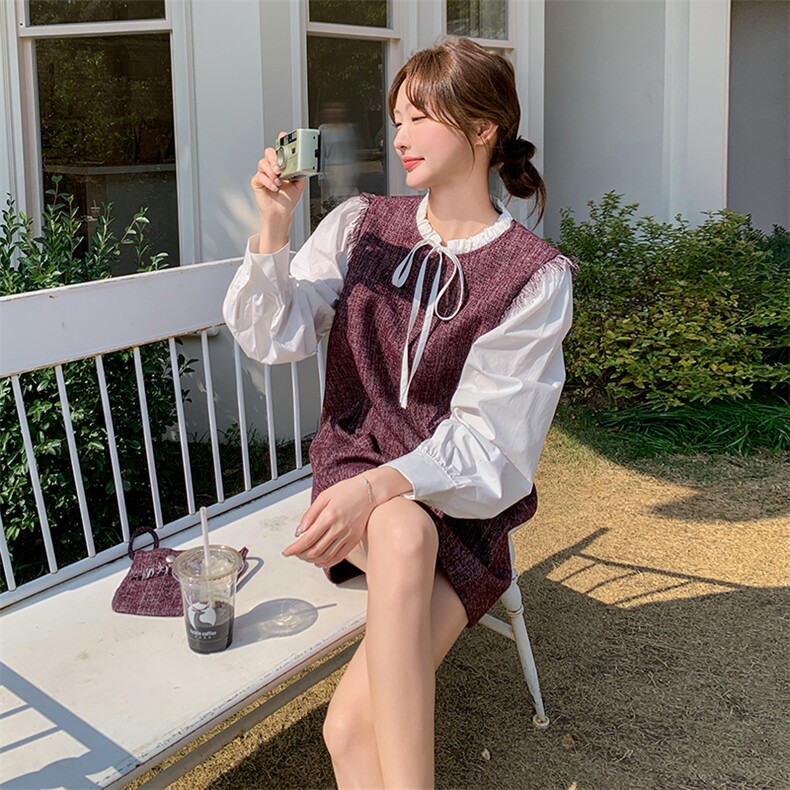 现货春秋小香风假两件拼接裙1024P145K218送包包,女装套装/套裙,2C176