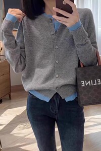 假两件100%纯羊毛开衫女圆领拼色针织毛衣外套宽松羊绒外搭上衣图片