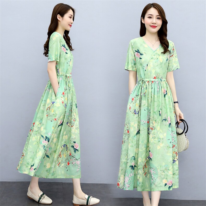 苏杭高端亚麻碎花连衣裙2025夏季减龄时尚收腰显瘦棉麻女神范长裙图片