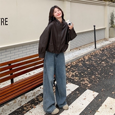 棕色抽绳立领皮衣外套女2025秋新款酷盐系复古宽松小个子百搭夹克，女装皮衣，2C283