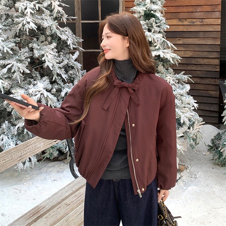 纯色圆领飘带短款休闲宽松羽绒服女保暖外套，女装羽绒服，衣秀之家