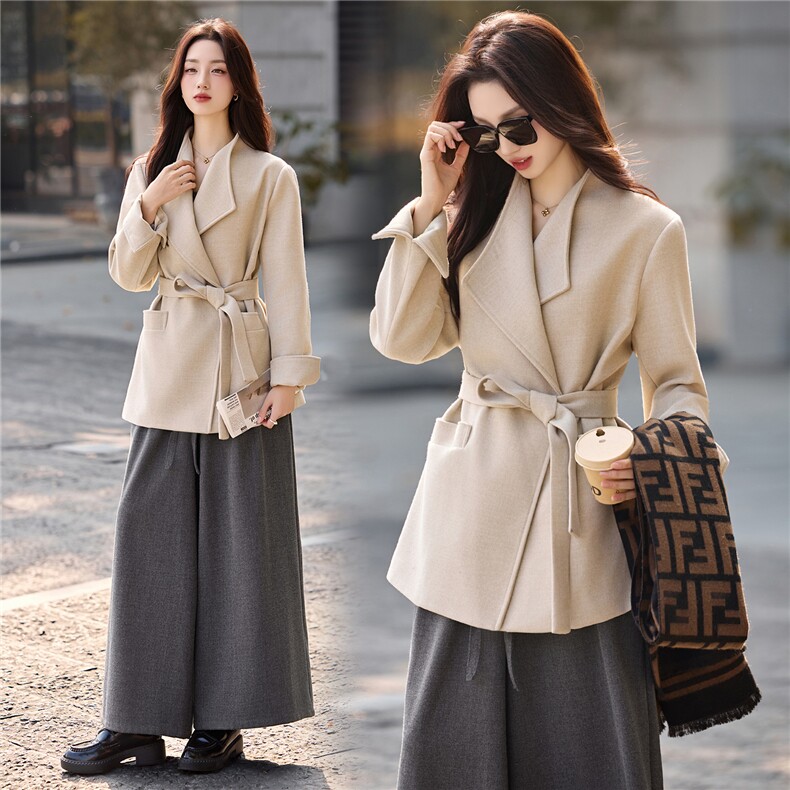优雅气质大翻领毛呢外套女2025秋冬高级感中长款系带收腰毛呢大衣，女装毛呢外套，火爆靓佳人
