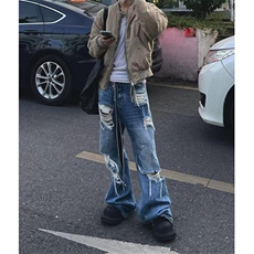 高街水洗刀割破洞微喇牛仔裤男女复古直筒显瘦设计长裤NK8698，男装牛仔裤，星座1116A（原606A-3）