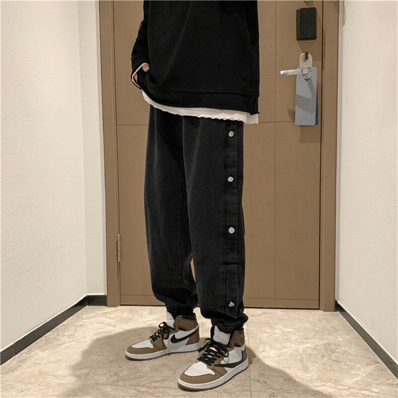 主推 秋季宽松束脚牛仔裤百搭侧边排扣束脚长裤男k190-p40 控价59图片
