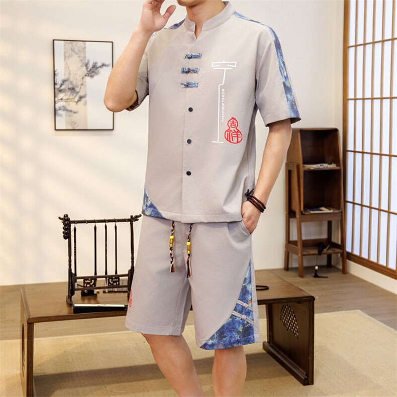 潮风套装男新中式短袖衬衫时尚休闲短裤两件套JZ306-P58,男装牛仔裤,星座310B-3
