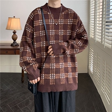 现货现货宽松圆领毛衣男秋冬格子百搭针织衫D329-QM801-P78控98，男装针织衫/毛衣，电商D329