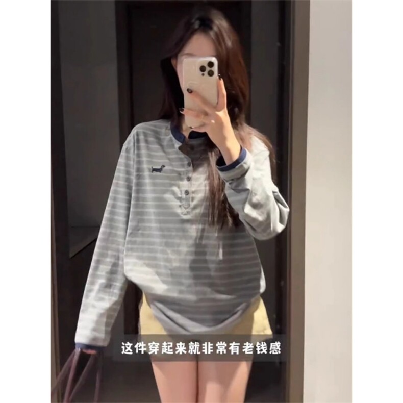 新款亨利领条纹长袖秋季潮流美式复古宽松男女t恤上衣L31588-p45,男装T恤,星座1008