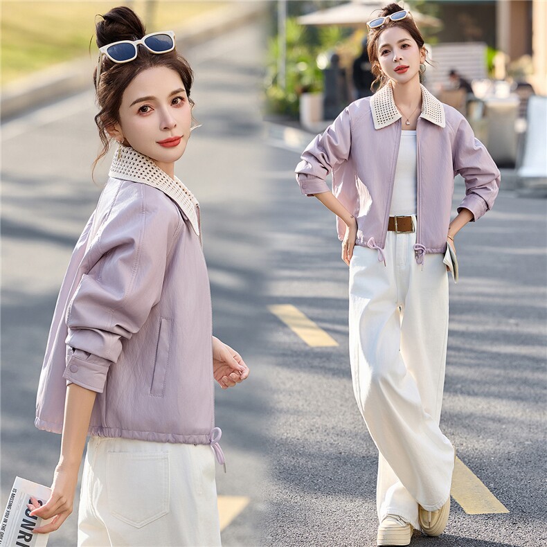 已出货春装新品 小皮衣外套女短款潮流时尚显瘦拼接polo领上衣潮图片