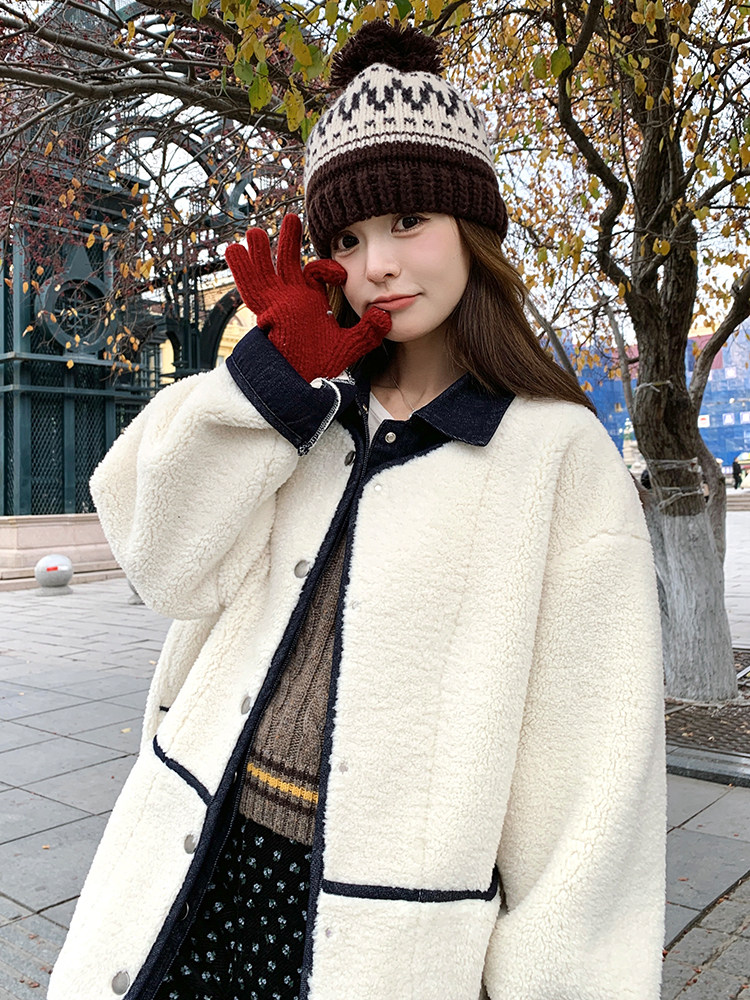 白色短款皮毛一体外套女冬季2025新款小个子超好看显瘦羊羔毛上衣,女装羊羔毛/颗粒绒,浙宝305
