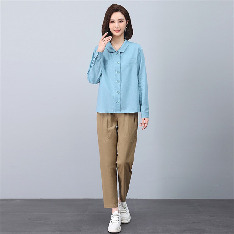 春秋时尚棉麻套装女士2023年新款大码休闲洋气妈妈早秋衬衫两件套,女装套装/套裙,涵誉