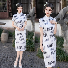 新中式风弹力水墨印花旗袍（有弹力）2503P120，女装汉服/婚纱/旗袍/礼服，乐衣轩