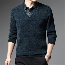 Z2657男士2023年冬新款长袖翻领加绒针织衫假两件休闲打底衫P82,男装针织衫/毛衣,电商B360
