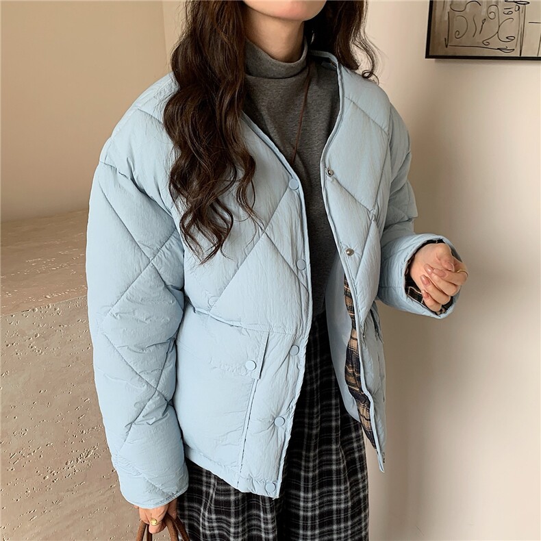乌77韩系圆领棉衣外套女冬季复古格子拼接小个子棉服上衣,男装棉衣,星座506A