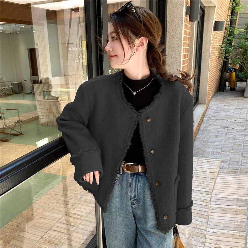 法式温柔风双面羊毛短款大衣女冬季2025新款轻奢小香风毛呢外套,女装双面呢大衣,艾米莉亚