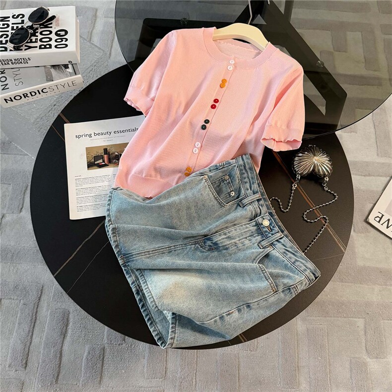 夏季新款时尚休闲简约套装宽松显瘦圆领彩色纽扣上衣牛仔裙两件套，女装套装/套裙，江南