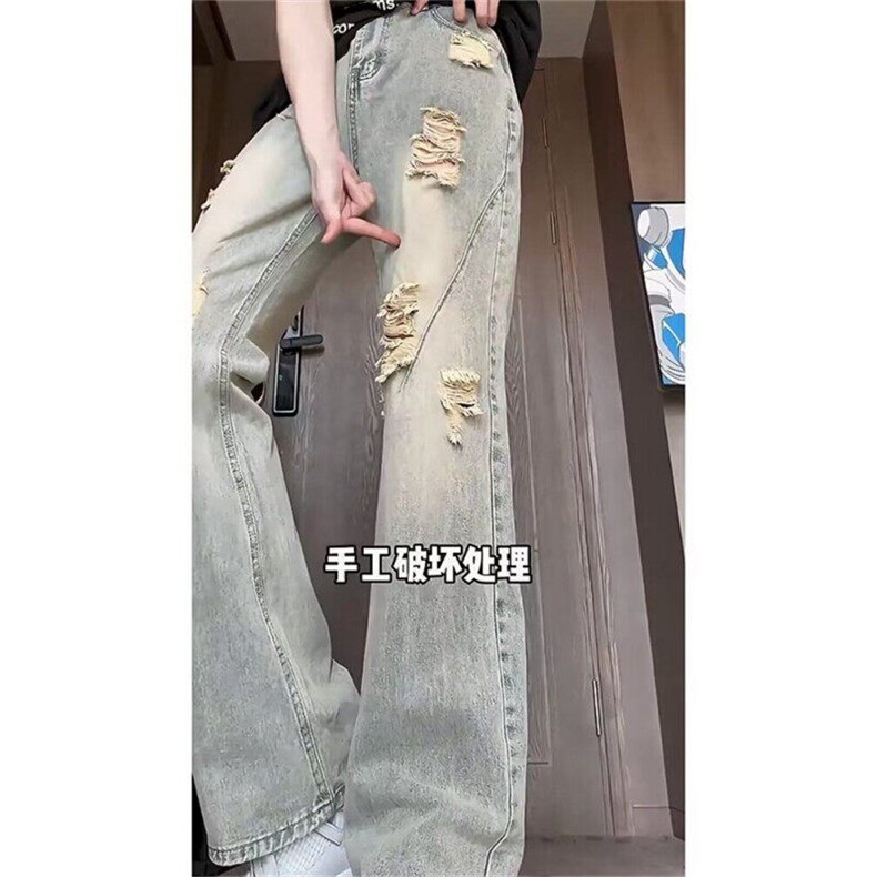 现货美式复古牛仔裤男夏季破洞高街显瘦直筒微喇长裤L70666-P45,男装牛仔裤,星座1008