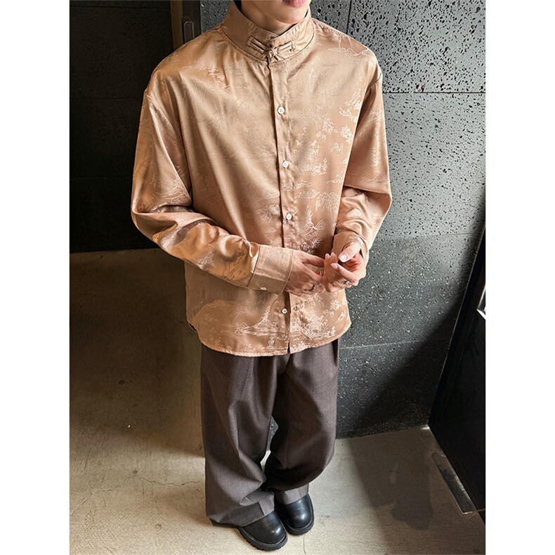 现货秋装长袖衬衫新中式立领盘扣暗花提花开衫CS01-P75控98,男装衬衫,电商A021