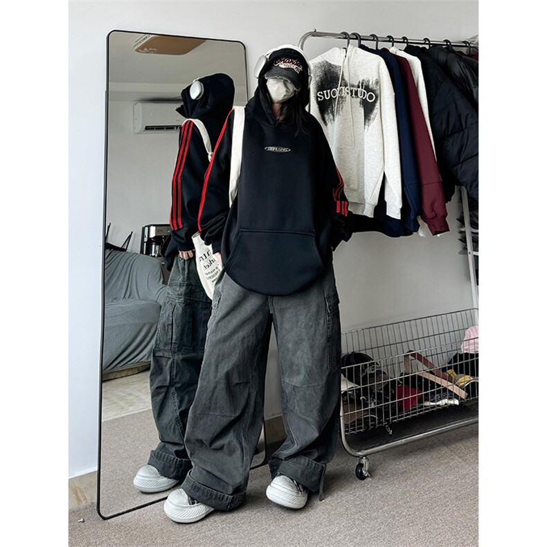 抖音得物供货提供视频秋冬重磅美式宽松织带连帽卫衣2309,男装卫衣,电商A486