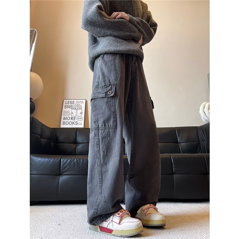 美式水洗复古大口袋工装裤男秋季牛仔裤潮牌宽松休闲直筒阔腿裤,男装休闲裤,星座716-3