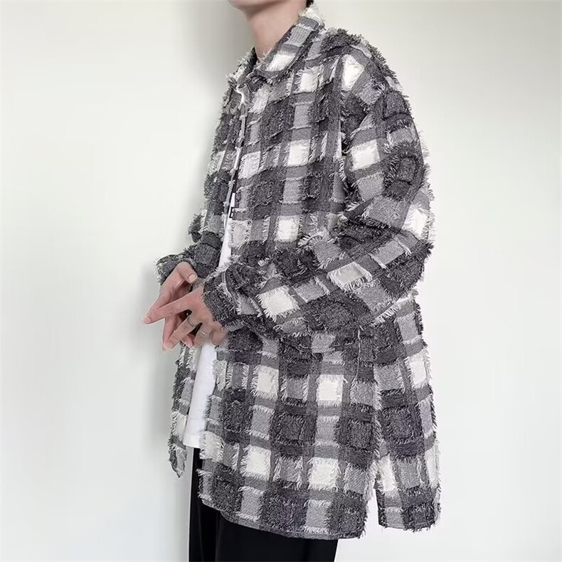 秋季韩版小众时尚潮流长袖衬衫男上衣格子毛边休闲痞帅衬衣C635,男装衬衫,星座1116A-1（原606A）