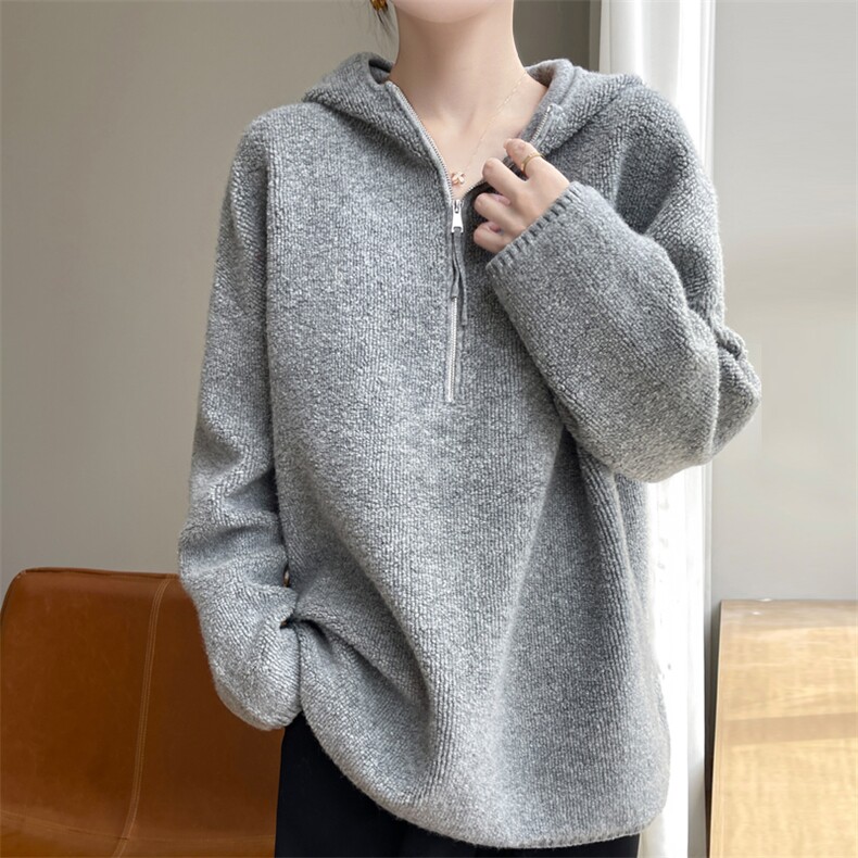 秋冬连帽100%纯羊毛衫女半开拉链加厚针织帽衫宽松慵懒羊绒衫上衣,女装羊毛衫,东远绒业