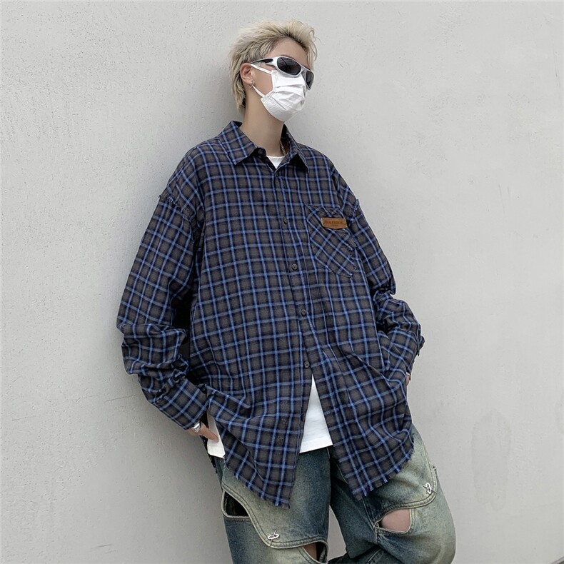 秋款男长袖衬衫格子条纹贴标流苏休闲纯棉外套CS123P50,男装衬衫,星座1013-1
