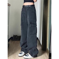黑灰色直筒工装牛仔裤女2025新款美式hiphop高腰宽松拖地阔腿裤子，男装牛仔裤，星座506A