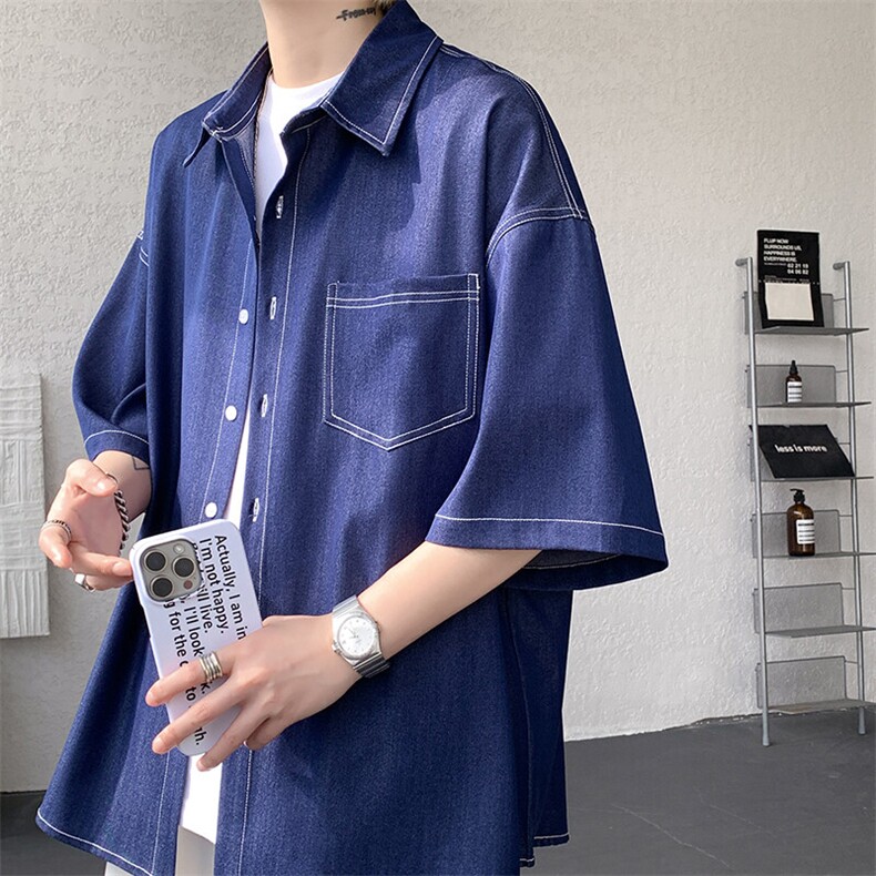 8XL-M 冰丝牛仔短袖衬衫男款夏季薄款宽松慵懒衬衣外套DC28006P60图片