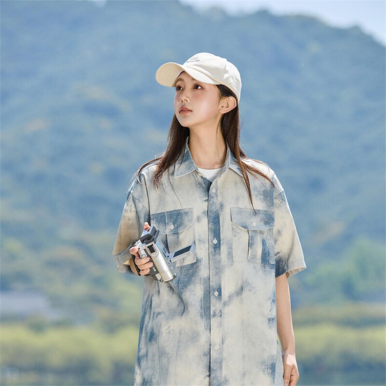水墨扎染工装短袖衬衫女款夏季新款半袖衬衣外套A406C6066特P40,男装衬衫,星座309（原A406）