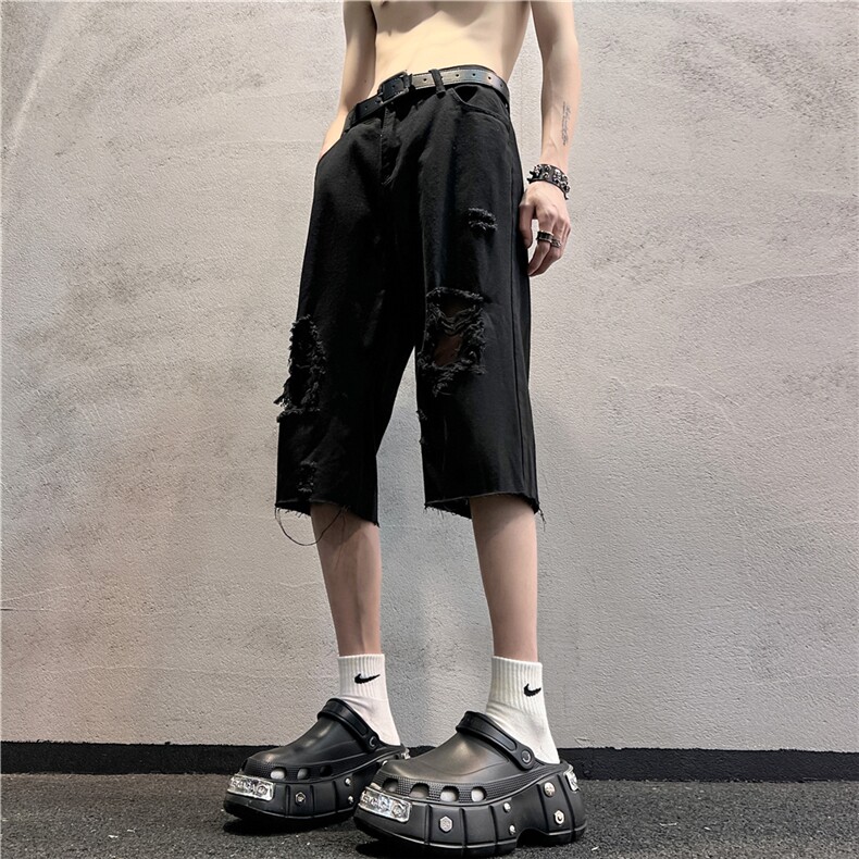 D2051-p45-控68  现货风宽松cleanfit牛仔裤七分裤黑暗图片