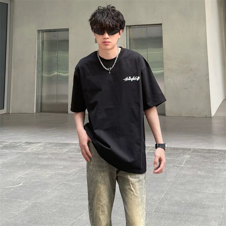 万针全刺绣工艺抖音得物高品质260克重磅纯棉双纱美式高街短袖T恤图片