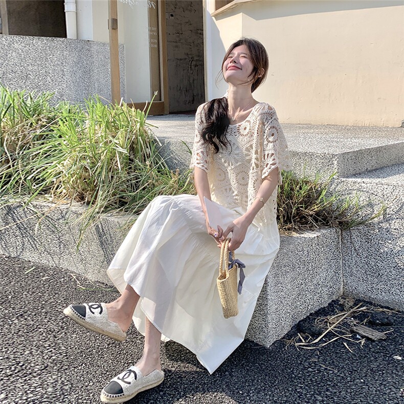 米白色法式度假风连衣裙套装女2025年夏季新款镂空钩花罩衫两件套,女装套装/套裙,2C159