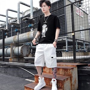 有版权纯棉原创小熊套装圆领T恤潮免搭工装短裤假两件T766-P58图片