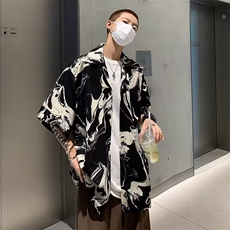 夏季冰丝扎染短袖衬衫男休闲高街美式痞帅日系复古潮牌垂感薄衬衣，男装衬衫，星座410-7