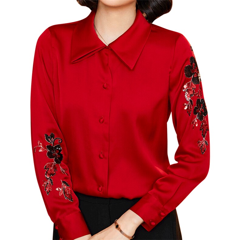 优雅红色真丝衬衫女长袖刺绣修身显瘦职业装上衣单排扣翻领衬衣,女装衬衫,宋氏羊绒