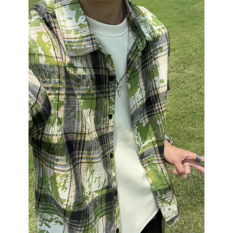 牛油果绿色扎染格子衬衫男款高级感早秋外套cleanfit格纹长袖衬衣,男装衬衫,电商A007