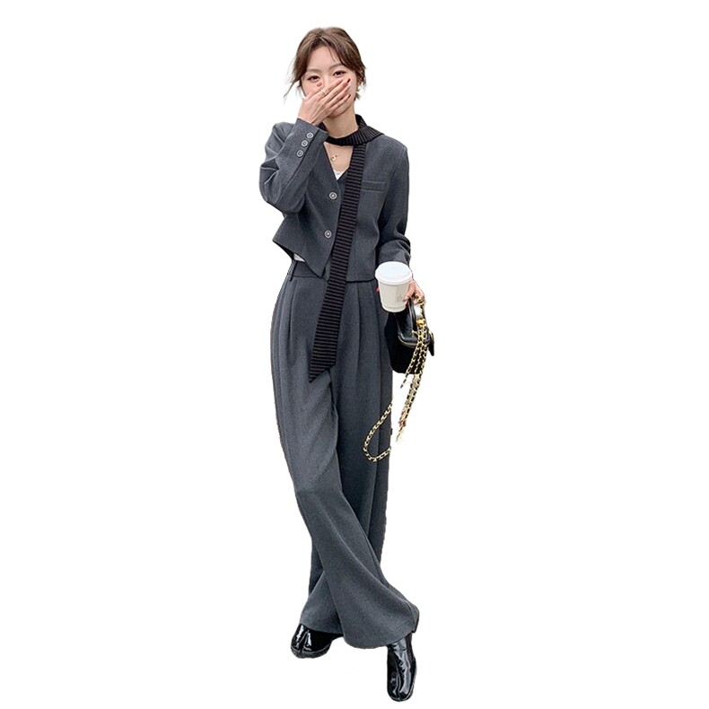 韩系高级感穿搭一整套装女2025新款春季飘带西装外套阔腿裤两件套,女装套装/套裙,辉之琳