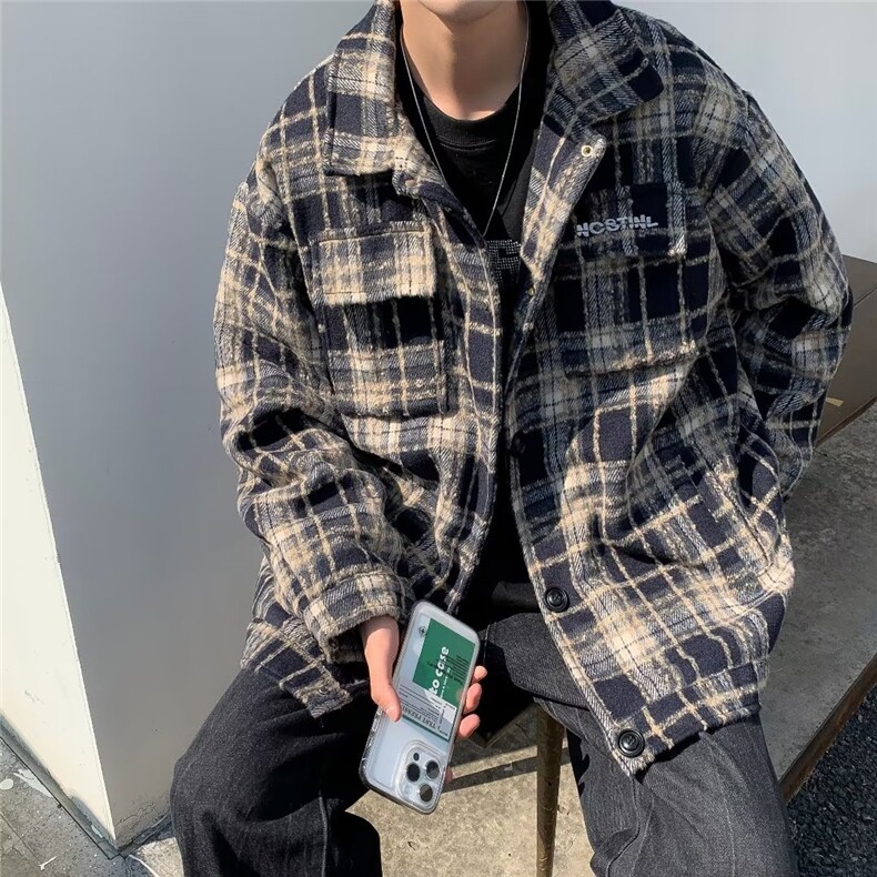 A257-P60 小香风美式情侣痞帅夹克外套男春秋季日系格子上衣服图片