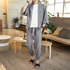 夏季大码风刺绣汉服套装棉麻道袍学生两件套装潮TZ01/P85，男装休闲套装，钱塘713