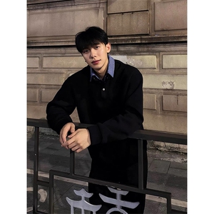 美式复古假两件衬衫领卫衣男款秋季撞色拼接高级感痞帅长袖polo衫图片