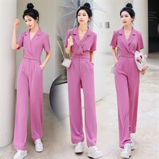 时尚气质紫色两件套装女夏季新款显瘦职业装短袖西服外套阔腿裤，女装套装/套裙，秋水欣儿